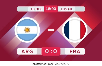 Elemento de diseño de partido Argentina vs Francia. Marca iconos con transparencia aislados en el fondo rojo. Infografía De La Competencia Del Campeonato De Fútbol. Anuncio, plantilla de puntuación de juego. Vector