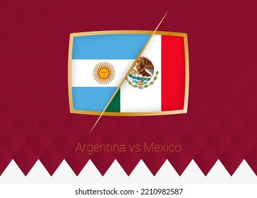 Argentina vs Mexico, group stage icon of football competition on burgundy background. Vector icon.