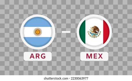 Elemento de diseño de partido Argentina vs México. Marcas Iconos aislados en un fondo transparente. Infografía De La Competencia Del Campeonato De Fútbol. Anuncio, Puntuación de juego, Plantilla de marcador. Vector