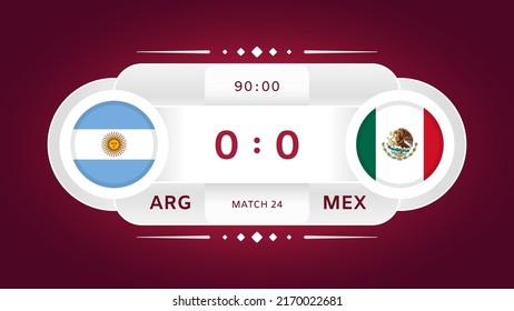 Argentina Vs Mexico Match. Football 2022. World Football Championship Competition Infographic. Group Stage. Group C. Poster, Announcement, Game Score. Scoreboard Template. Vector Illustration