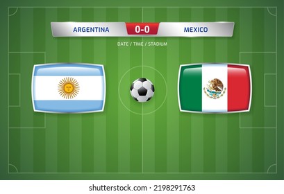 Argentina vs Mexico scoreboard broadcast template for sport soccer tournament and football championship 2022 in qatar vector illustration