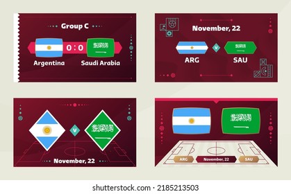 Argentina vs Saudi Arabia, Football 2022, Group C. World Football Competition championship match versus teams intro sport background, championship competition final poster, vector illustration.