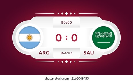 Argentina vs Saudi Arabia Match. Football 2022. World Football Championship Competition infographic. Group Stage. Group C. Poster, announcement, game score. Scoreboard template. Vector illustration