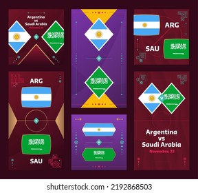 Argentina vs Saudi Arabia Match. World Football Qatar, cup 2022 vertical and square banner set for social media. 2022 Football infographic. Group Stage. Vector illustration announcement.