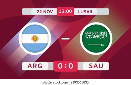Argentina vs Saudi Arabia Match Design Element. Football Championship Competition Infographics. Announcement, Game Score, Scoreboard Template. Vector Illustration