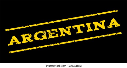 Argentina watermark stamp. Text caption between parallel lines with grunge design style. Rubber seal stamp with dust texture. Vector yellow color ink imprint on a blue background.