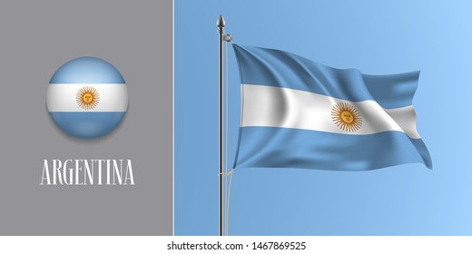 Argentina waving flag on flagpole and round icon vector illustration. Realistic 3d mockup with design of Argentinian flag and circle button 