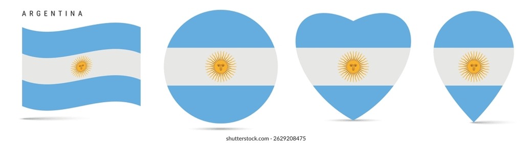 Argentina waving flag, round circle sticker badge, heart shaped icon, map pin. Argentinian flag buttons of different shapes. Vector illustration isolated on white.