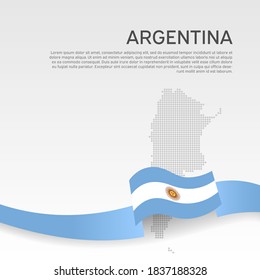 Bandera ondulada argentina y mapa de mosaicos sobre fondo blanco. Afiche nacional. Colores de la bandera argentina ondulados. Diseño de pancartas vectoriales. Folleto de negocios. Volante patriótico estatal, portada