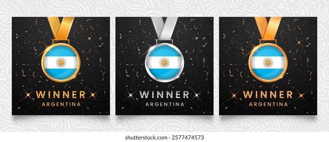 Argentina Winner set. Medals featuring the flag design, displayed on a dark background with gold and silver confetti accents and sparkling highlights.