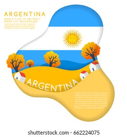Argentina : World Flag in paper cut shapes with trees and mountains in the layers : Vector Illustration
