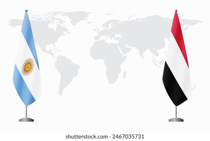 Argentina and Yemen flags for official meeting against background of world map.