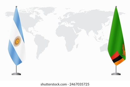 Argentina and Zambia flags for official meeting against background of world map.