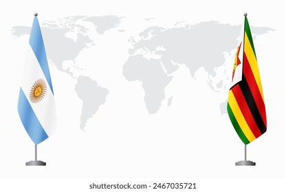 Argentina and Zimbabwe flags for official meeting against background of world map.