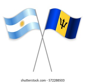 Argentine and Barbadian crossed flags. Argentina combined with Barbados isolated on white. Language learning, international business or travel concept.