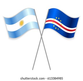 Argentine and Cabo Verdean crossed flags. Argentina combined with Cabo Verde isolated on white. Language learning, international business or travel concept.