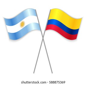 Argentine and Colombian crossed flags. Argentina combined with Colombia isolated on white. Language learning, international business or travel concept.