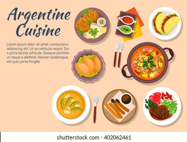 Argentine cuisine with cazuela, seafood, empanadas, tortillas, soup locro with avocado, beef shank ossobuco, pork chop milanese, sauce boats with tuco, chimichurri sauces, chocolate with churros