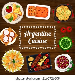 Argentine cuisine food menu cover, Argentina dishes and meals, vector restaurant poster. Traditional Argentinian empanadas, BBQ meat and grill sausages bean stew, chicken tamale and boiled potatoes