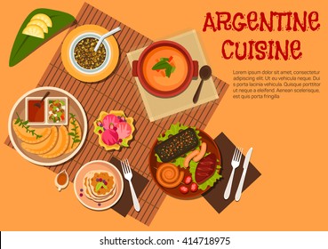 Argentine cuisine with grilled beef steak, sausages and liver, empanadas with ketchup and marinated vegetables dressing, lentil soup and mate with fruits, pancakes topped with dulce de leche