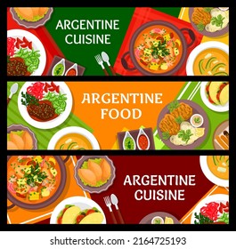 Argentine cuisine meals banners. Cookie churros, soup Locro and Chorizo sandwich Choripan, meat stew Guiso, veal shank Osso Buco and pork chop Milanese, meat pie Empanadas