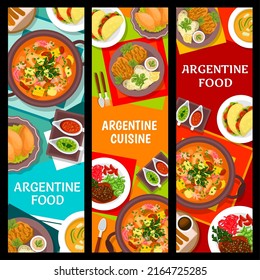 Argentine cuisine meals vertical banners. Meat pie Empanadas, veal shank Osso Buco and Chorizo sandwich Choripan, soup Locro, pork chop Milanese and meat stew Guiso, Cookie churros