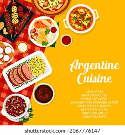 Argentine cuisine menu cover. Bbq meat and sausages Asado, meat stew Guiso and onion pizza Fugazza, Lama steak, cookie Alfajores and turkey Milanesa, bean stew Locro, Dulce de Leche