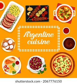 Argentine cuisine menu cover. Bbq meat and sausages Asado, meat stew Guiso and onion pizza Fugazza, Lama steak, cookie Alfajores and turkey Milanesa, bean stew Locro, Dulce de Leche