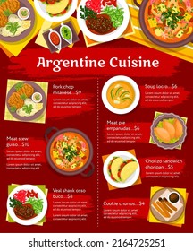 Argentine cuisine menu vector template. Pork chop Milanese, veal shank Osso Buco and Cookie churros, meat stew Guiso, meat pie Empanadas and soup Locro, Chorizo sandwich Choripan