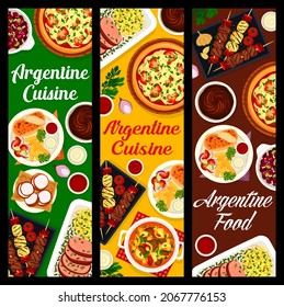 Argentine cuisine restaurant horizontal banners. Meat stew Guiso, bbq meat and sausages Asado, Lama steak, turkey Milanesa and onion pizza Fugazza, cookie Alfajores, Dulce de Leche and bean stew Locro