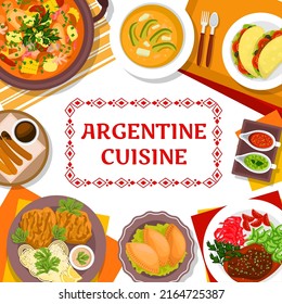 Argentine cuisine restaurant menu cover. Meat stew Guiso, meat pie Empanadas and Cookie churros, Chorizo sandwich Choripan and pork chop Milanese, veal shank Osso Buco, soup Locro,