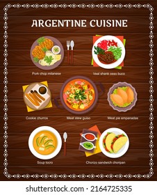Argentine cuisine restaurant menu. Pork chop Milanese, meat stew Guiso and veal shank Osso Buco, meat pie Empanadas, soup Locro and Cookie churros, Chorizo sandwich Choripan