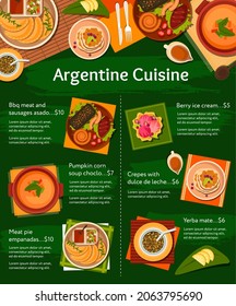 Argentine cuisine vector menu with barbecue meat dishes, vegetable soup and desserts. Bbq chorizo sausages, pork chops and empanada pies, yerba mate, berry ice cream and dulce de leche with crepes