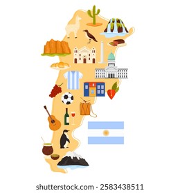 Argentine culture, nature and architecture landmarks, animals and elements of soccer on infographic country map of Argentina. Argentinian flag with sun, empanadas and wine cartoon vector illustration