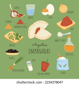 Receta argentina de Empanadas con ingredientes. Plato tradicional latinoamericano. Tos y embutidos. Doodle dibujado a mano. Ilustración vectorial.