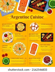 Argentine food and Argentina cuisine dishes menu, vector restaurant lunch, dinner poster. Traditional Argentinian bbq meals, empanadas and chimichurri, barbecue grill meat sausages and chicken tamale