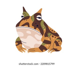 Rana de cuerno argentino. Tabaco ornato, especie de Ceratophrys ornata. Reptile anfibio de boca amplia con piel de color agudo. Ilustración vectorial plana realista aislada en fondo blanco