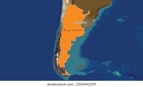 Argentine map. The republic country famous for its football or soccer sport and the second largest country in South America, after Brazil. The capital is Bueno Aires. Tango dance is national heritage.