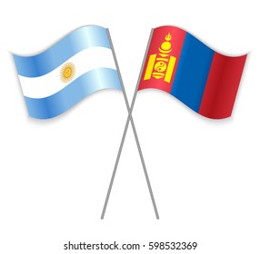 Argentine and Mongolian crossed flags. Argentina combined with Mongolia isolated on white. Language learning, international business or travel concept.
