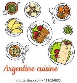 Argentine national cuisine such as asado short ribs, empanadas, chimichurri sauce, vegetarian cream soup with avocado, alfajor cookies and dulce de leche dessert with fresh oranges and mate tea