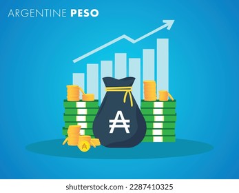 Argentine Peso currency growth to success concept. The money bag chart increases profit. Business growth concept. Vector illustration design