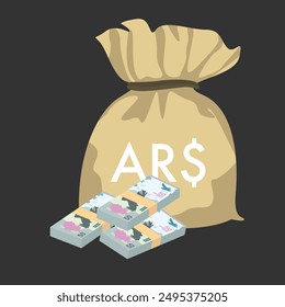 Argentine Peso Vector Illustration. Argentina money set bundle banknotes. Money bag 50 ARS. Flat style. Isolated on white background. Simple minimal design.