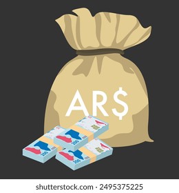 Argentine Peso Vector Illustration. Argentina money set bundle banknotes. Money bag 200 ARS. Flat style. Isolated on white background. Simple minimal design.