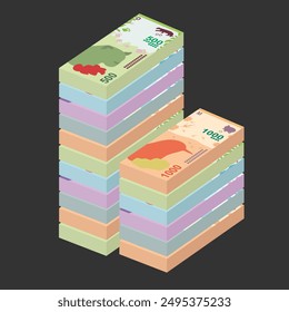 Argentine Peso Vector Illustration. Argentina money set bundle banknotes. Paper money 50, 100, 200, 500, 1000 ARS. Flat style. Isolated on white background. Simple minimal design.