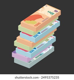 Argentine Peso Vector Illustration. Argentina money set bundle banknotes. Paper money 50, 100, 200, 500, 1000 ARS. Flat style. Isolated on white background. Simple minimal design.