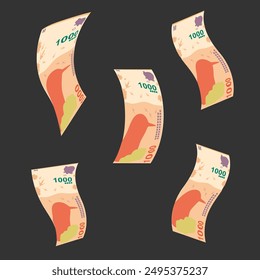 Argentine Peso Vector Illustration. Argentina money set bundle banknotes. Falling, flying money 1000 ARS. Flat style. Isolated on white background. Simple minimal design.