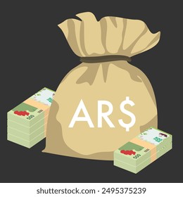 Argentine Peso Vector Illustration. Argentina money set bundle banknotes. Money bag 500 ARS. Flat style. Isolated on white background. Simple minimal design.