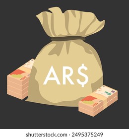 Argentine Peso Vector Illustration. Argentina money set bundle banknotes. Money bag 1000 ARS. Flat style. Isolated on white background. Simple minimal design.