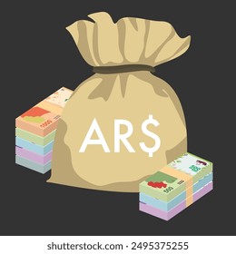 Argentine Peso Vector Illustration. Argentina money set bundle banknotes. Money bag 50, 100, 200, 500, 1000 ARS. Flat style. Isolated on white background. Simple minimal design.