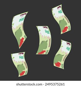 Argentine Peso Vector Illustration. Argentina money set bundle banknotes. Falling, flying money 500 ARS. Flat style. Isolated on white background. Simple minimal design.